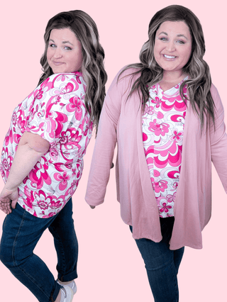 Carla V-neck Short Sleeve Dolman Top in Pink Mod Floral-1- ShortSlv/Slvless Tops-HAPTICS-Styled by Stacked - A Plus Size Women's Boutique in Lakeville, MN