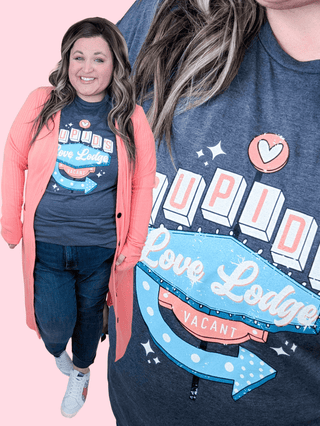 Cupid's Love Lodge Graphic Tee on Gray-6- Graphic Tops-inked up apparel-Styled by Stacked - A Plus Size Women's Boutique in Lakeville, MN