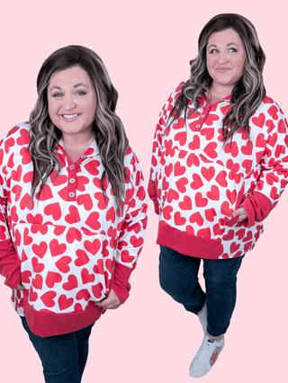 Sami Long Sleeve Hooded Top in Red + Ivory Hearts-2- Long Sleeve Tops-HEIMISH-Styled by Stacked - A Plus Size Women's Boutique in Lakeville, MN
