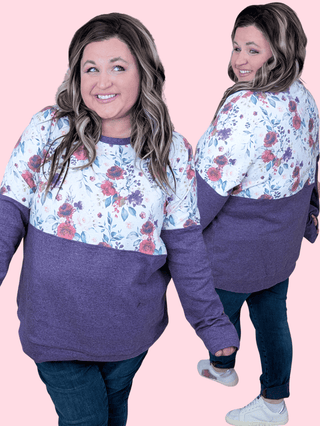 Amy Triple Stretch Pullover in Burgundy Bloom and Plum-2- Long Sleeve Tops-Michelle Mae-Styled by Stacked - A Plus Size Women's Boutique in Lakeville, MN