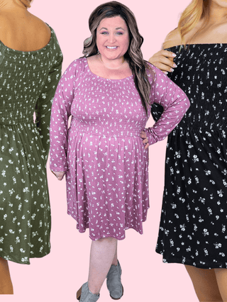 Genevieve Long Sleeve Smocked Babydoll Dress in Florals-11- Dress/Romp/Jump-WHITE BIRCH-Styled by Stacked - A Plus Size Women's Boutique in Lakeville, MN