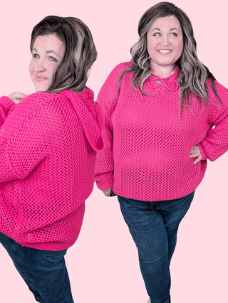 Caitlin Hooded Open Knit Sweater in Magenta-2- Long Sleeve Tops-WHITE BIRCH-Styled by Stacked - A Plus Size Women's Boutique in Lakeville, MN