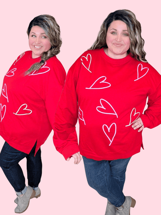 Amore Red Pullover w/Puff Hearts-2- Long Sleeve Tops-WHITE BIRCH-Styled by Stacked - A Plus Size Women's Boutique in Lakeville, MN