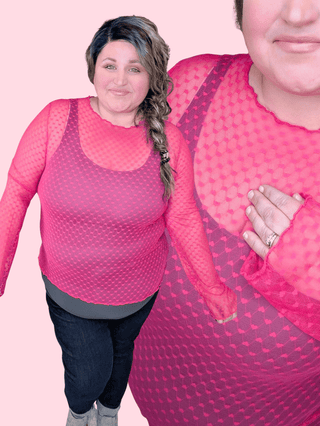 Pinky Sheer Long Sleeve Top w/Heart Print-2- Long Sleeve Tops-WHITE BIRCH-Styled by Stacked - A Plus Size Women's Boutique in Lakeville, MN