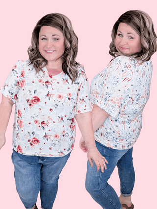 Sophie Vneck Perfect Tee in Spring Florals (3 Colors)-1- ShortSlv/Slvless Tops-MICHELLE MAE-Styled by Stacked - A Plus Size Women's Boutique in Lakeville, MN