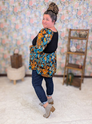 2- Long Sleeve Tops Milana Smocked Long Sleeve Babydoll in Black, Gold + Turquoise plus size clothing