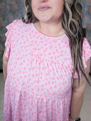 Miles Tiered Flutter Sleeve Top in Pink Ditsy Floral-1- ShortSlv/Slvless Tops-HEIMISH-Styled by Stacked - A Plus Size Women's Boutique in Lakeville, MN
