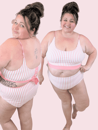 ***Miley Reversible Button Detail 2pc Swimsuit in Pink Stripes-SWIMWEAR-WHITE BIRCH-Styled by Stacked - A Plus Size Women's Boutique in Lakeville, MN
