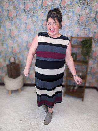Miller Striped Midi Dress w/Keyhole Back-11- Dress/Romp/Jump-WHITE BIRCH-Styled by Stacked - A Plus Size Women's Boutique in Lakeville, MN
