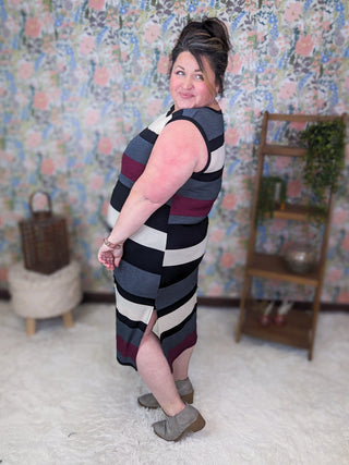 Miller Striped Midi Dress w/Keyhole Back-11- Dress/Romp/Jump-WHITE BIRCH-Styled by Stacked - A Plus Size Women's Boutique in Lakeville, MN