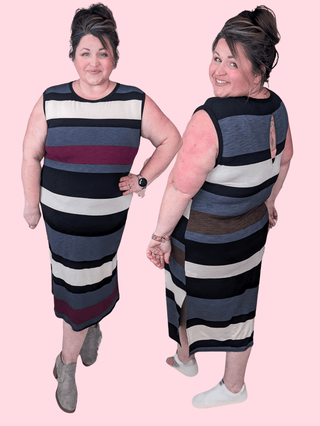 Miller Striped Midi Dress w/Keyhole Back-11- Dress/Romp/Jump-WHITE BIRCH-Styled by Stacked - A Plus Size Women's Boutique in Lakeville, MN