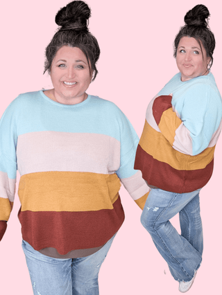 Mindy Colorblock Scoopneck Sweater in Mint, Peach, Gold & Rust-2- Long Sleeve Tops-SEW IN LOVE-Styled by Stacked - A Plus Size Women's Boutique in Lakeville, MN