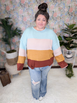Mindy Colorblock Scoopneck Sweater in Mint, Peach, Gold & Rust-2- Long Sleeve Tops-SEW IN LOVE-Styled by Stacked - A Plus Size Women's Boutique in Lakeville, MN