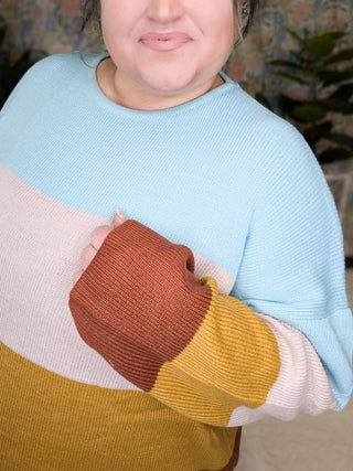 Mindy Colorblock Scoopneck Sweater in Mint, Peach, Gold & Rust-2- Long Sleeve Tops-SEW IN LOVE-Styled by Stacked - A Plus Size Women's Boutique in Lakeville, MN