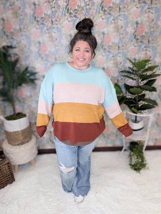 Mindy Colorblock Scoopneck Sweater in Mint, Peach, Gold & Rust-2- Long Sleeve Tops-SEW IN LOVE-Styled by Stacked - A Plus Size Women's Boutique in Lakeville, MN
