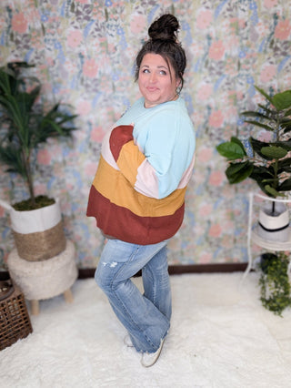 Mindy Colorblock Scoopneck Sweater in Mint, Peach, Gold & Rust-2- Long Sleeve Tops-SEW IN LOVE-Styled by Stacked - A Plus Size Women's Boutique in Lakeville, MN