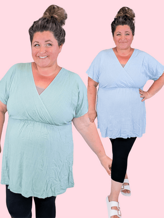 Miranda Short Sleeve Faux Wrap Top in Solids plus size clothing