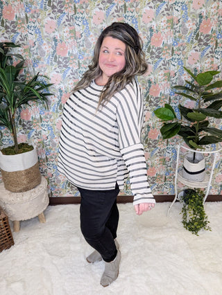 Misty Raised Rib Dolman in Neutral Stripes-2- Long Sleeve Tops-BE STAGE-Styled by Stacked - A Plus Size Women's Boutique in Lakeville, MN