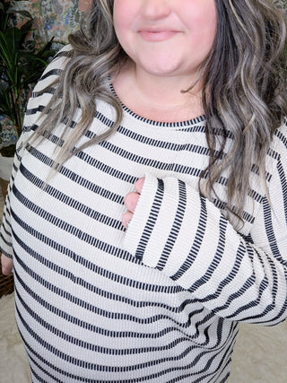 Misty Raised Rib Dolman in Neutral Stripes-2- Long Sleeve Tops-BE STAGE-Styled by Stacked - A Plus Size Women's Boutique in Lakeville, MN