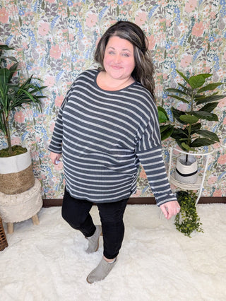 Misty Raised Rib Dolman in Neutral Stripes-2- Long Sleeve Tops-BE STAGE-Styled by Stacked - A Plus Size Women's Boutique in Lakeville, MN