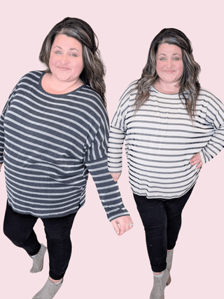 Misty Raised Rib Dolman in Neutral Stripes-2- Long Sleeve Tops-BE STAGE-Styled by Stacked - A Plus Size Women's Boutique in Lakeville, MN