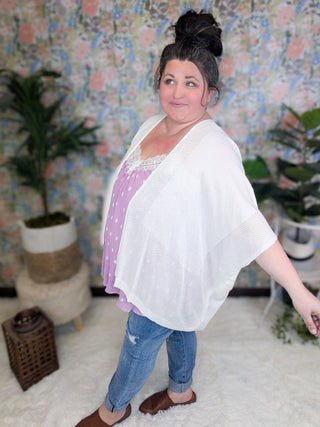 Monique Netted Knit Flowy 3/4 Sleeve Cardigan (2 Colors)-4- Overlayer Tops-WHITE BIRCH-Styled by Stacked - A Plus Size Women's Boutique in Lakeville, MN