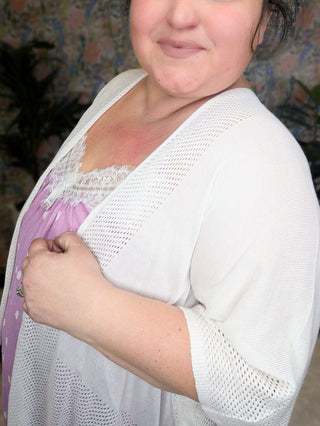 Monique Netted Knit Flowy 3/4 Sleeve Cardigan (2 Colors)-4- Overlayer Tops-WHITE BIRCH-Styled by Stacked - A Plus Size Women's Boutique in Lakeville, MN