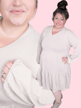 Morgan Tiered Long Sleeve Dress in Ribbed Mocha-11- Dress/Romp/Jump-WHITE BIRCH-Styled by Stacked - A Plus Size Women's Boutique in Lakeville, MN