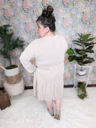 Morgan Tiered Long Sleeve Dress in Ribbed Mocha-11- Dress/Romp/Jump-WHITE BIRCH-Styled by Stacked - A Plus Size Women's Boutique in Lakeville, MN