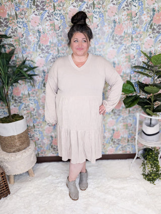 Morgan Tiered Long Sleeve Dress in Ribbed Mocha-11- Dress/Romp/Jump-WHITE BIRCH-Styled by Stacked - A Plus Size Women's Boutique in Lakeville, MN