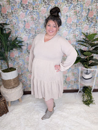 Morgan Tiered Long Sleeve Dress in Ribbed Mocha-11- Dress/Romp/Jump-WHITE BIRCH-Styled by Stacked - A Plus Size Women's Boutique in Lakeville, MN