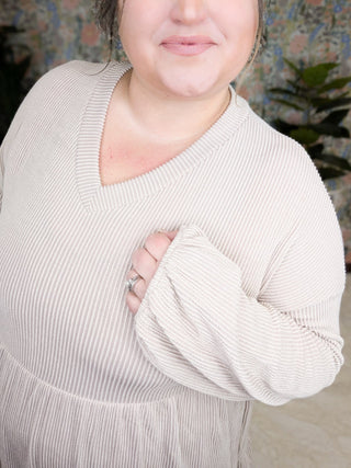 Morgan Tiered Long Sleeve Dress in Ribbed Mocha-11- Dress/Romp/Jump-WHITE BIRCH-Styled by Stacked - A Plus Size Women's Boutique in Lakeville, MN
