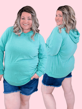 3- Hooded Tops Morrow Lightweight Pullover Hoodie in Washed Teal plus size clothing