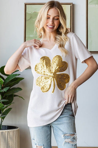 Ms Lucky Urban Rib Oatmeal Top w/Gold Clover-6- Graphic Tops-HEIMISH-Styled by Stacked - A Plus Size Women's Boutique in Lakeville, MN