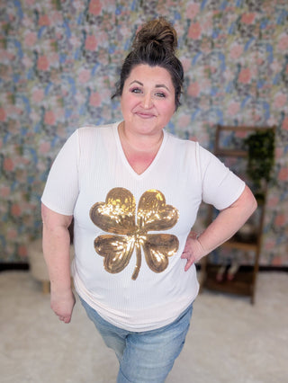 Ms Lucky Urban Rib Oatmeal Top w/Gold Clover-6- Graphic Tops-HEIMISH-Styled by Stacked - A Plus Size Women's Boutique in Lakeville, MN