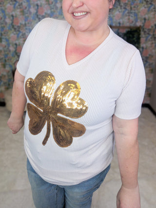 Ms Lucky Urban Rib Oatmeal Top w/Gold Clover-6- Graphic Tops-HEIMISH-Styled by Stacked - A Plus Size Women's Boutique in Lakeville, MN