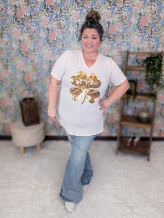 Ms Lucky Urban Rib Oatmeal Top w/Gold Clover-6- Graphic Tops-HEIMISH-Styled by Stacked - A Plus Size Women's Boutique in Lakeville, MN
