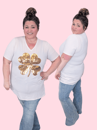 Ms Lucky Urban Rib Oatmeal Top w/Gold Clover-6- Graphic Tops-HEIMISH-Styled by Stacked - A Plus Size Women's Boutique in Lakeville, MN