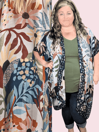$0 Down Preorder: Nadia Mod Botanical Print Kimono in Navy Multi-4- Overlayer Tops-urbanista-Styled by Stacked - A Plus Size Women's Boutique in Lakeville, MN