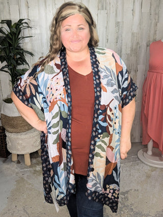 $0 Down Preorder: Nadia Mod Botanical Print Kimono in Navy Multi-4- Overlayer Tops-urbanista-Styled by Stacked - A Plus Size Women's Boutique in Lakeville, MN