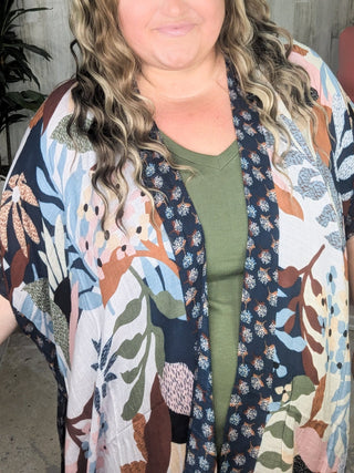 $0 Down Preorder: Nadia Mod Botanical Print Kimono in Navy Multi-4- Overlayer Tops-urbanista-Styled by Stacked - A Plus Size Women's Boutique in Lakeville, MN