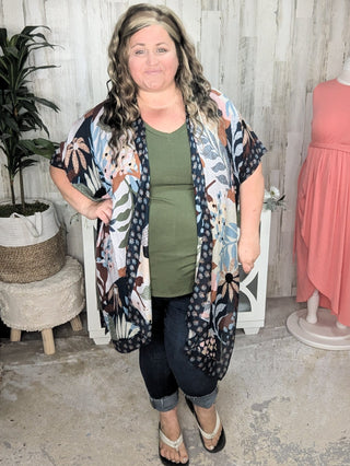 $0 Down Preorder: Nadia Mod Botanical Print Kimono in Navy Multi-4- Overlayer Tops-urbanista-Styled by Stacked - A Plus Size Women's Boutique in Lakeville, MN