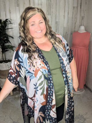 $0 Down Preorder: Nadia Mod Botanical Print Kimono in Navy Multi-4- Overlayer Tops-urbanista-Styled by Stacked - A Plus Size Women's Boutique in Lakeville, MN