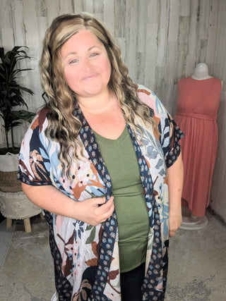 $0 Down Preorder: Nadia Mod Botanical Print Kimono in Navy Multi-4- Overlayer Tops-urbanista-Styled by Stacked - A Plus Size Women's Boutique in Lakeville, MN