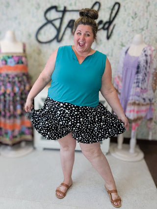 Nala Pull On Flowy Shorts in Black + White Dots-10- Bottoms Non-Denim-WHITE BIRCH-Styled by Stacked - A Plus Size Women's Boutique in Lakeville, MN