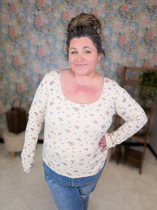 2- Long Sleeve Tops Naomi U-Neck Ditsy Floral Fitted Long Sleeve Top plus size clothing