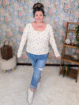 2- Long Sleeve Tops Naomi U-Neck Ditsy Floral Fitted Long Sleeve Top plus size clothing