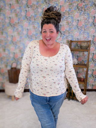 2- Long Sleeve Tops Naomi U-Neck Ditsy Floral Fitted Long Sleeve Top plus size clothing