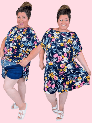 11- Dress/Romp/Jump Nell Boatneck Dress w/Shorts in Floral on Navy plus size clothing