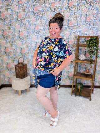 11- Dress/Romp/Jump Nell Boatneck Dress w/Shorts in Floral on Navy plus size clothing
